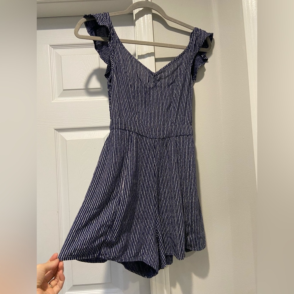 American Eagle Navy White Pinstripe Romper, Size XS.